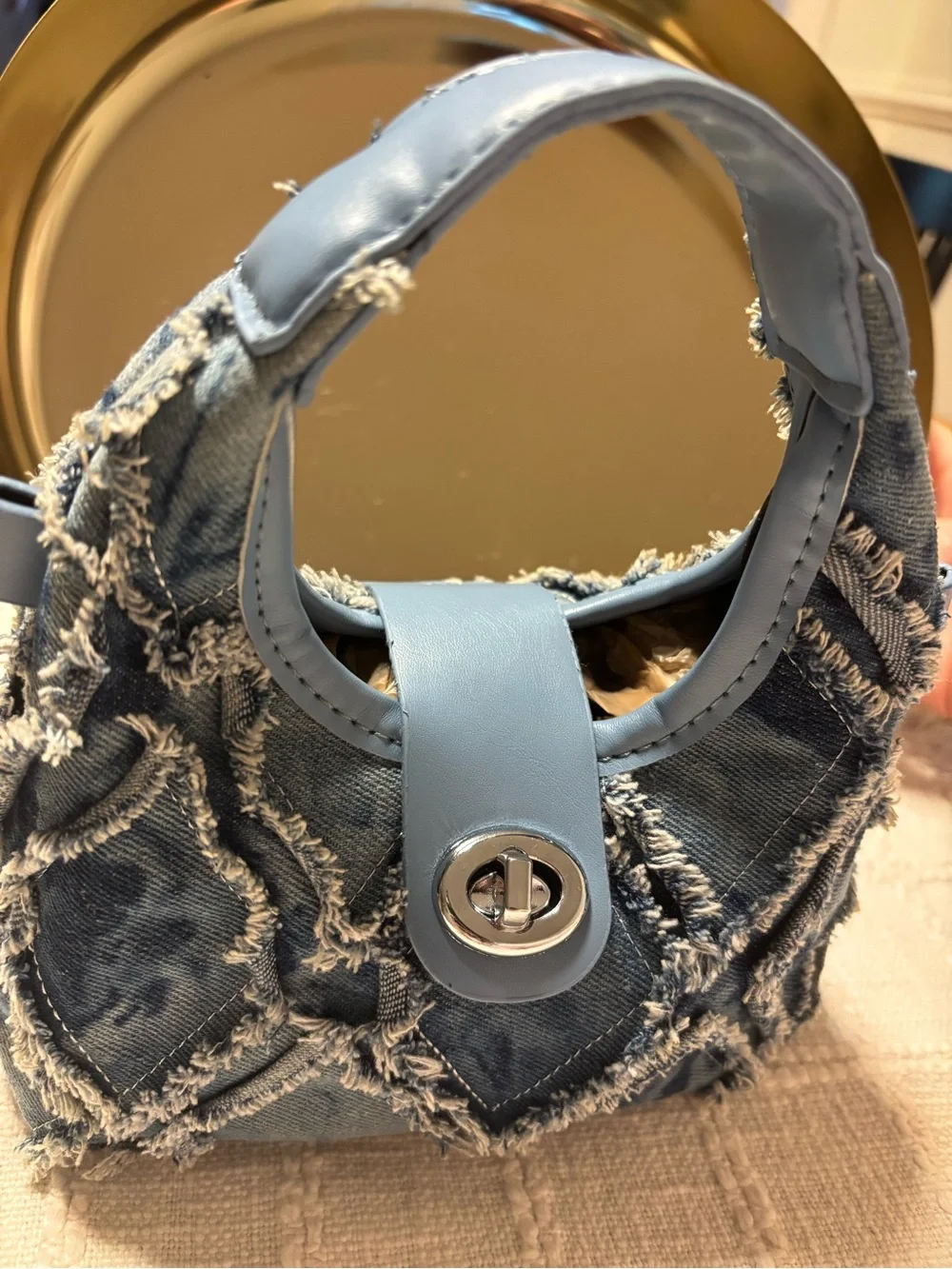 Y2K Grunge Frayed Trim Patchwork Denim Mini Hobo handbag